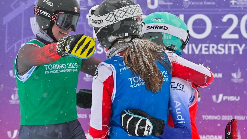 on the podium with friends