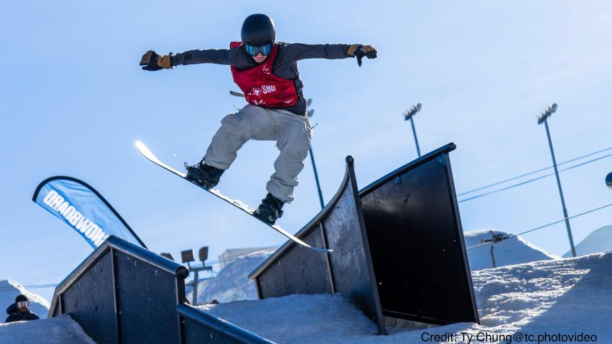 Stian competing in the 2026 Junior Worlds rail event for snowboarding